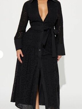 Fashion Nova Black Eyelet Embroidered Button Shirt